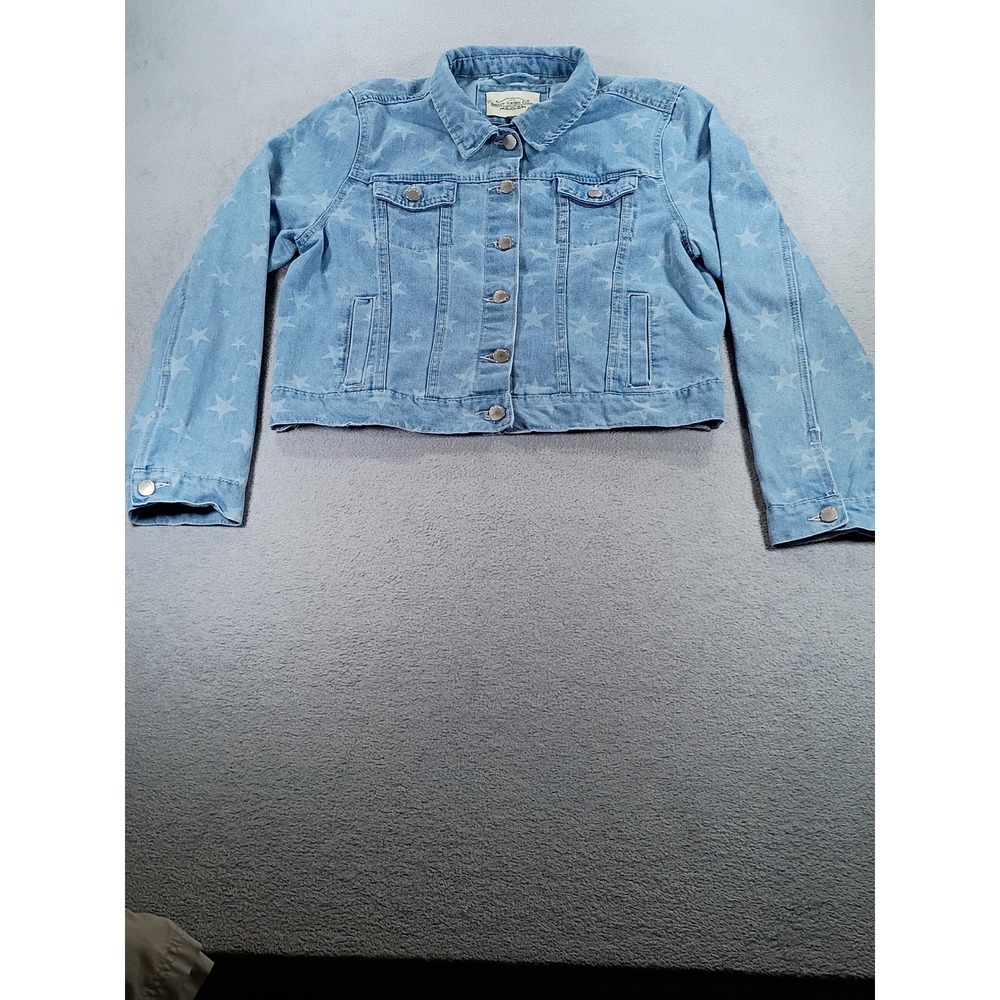 Ashley Vintage Charm Womens Star Print Denim Jacket Light Blue Large Cropped